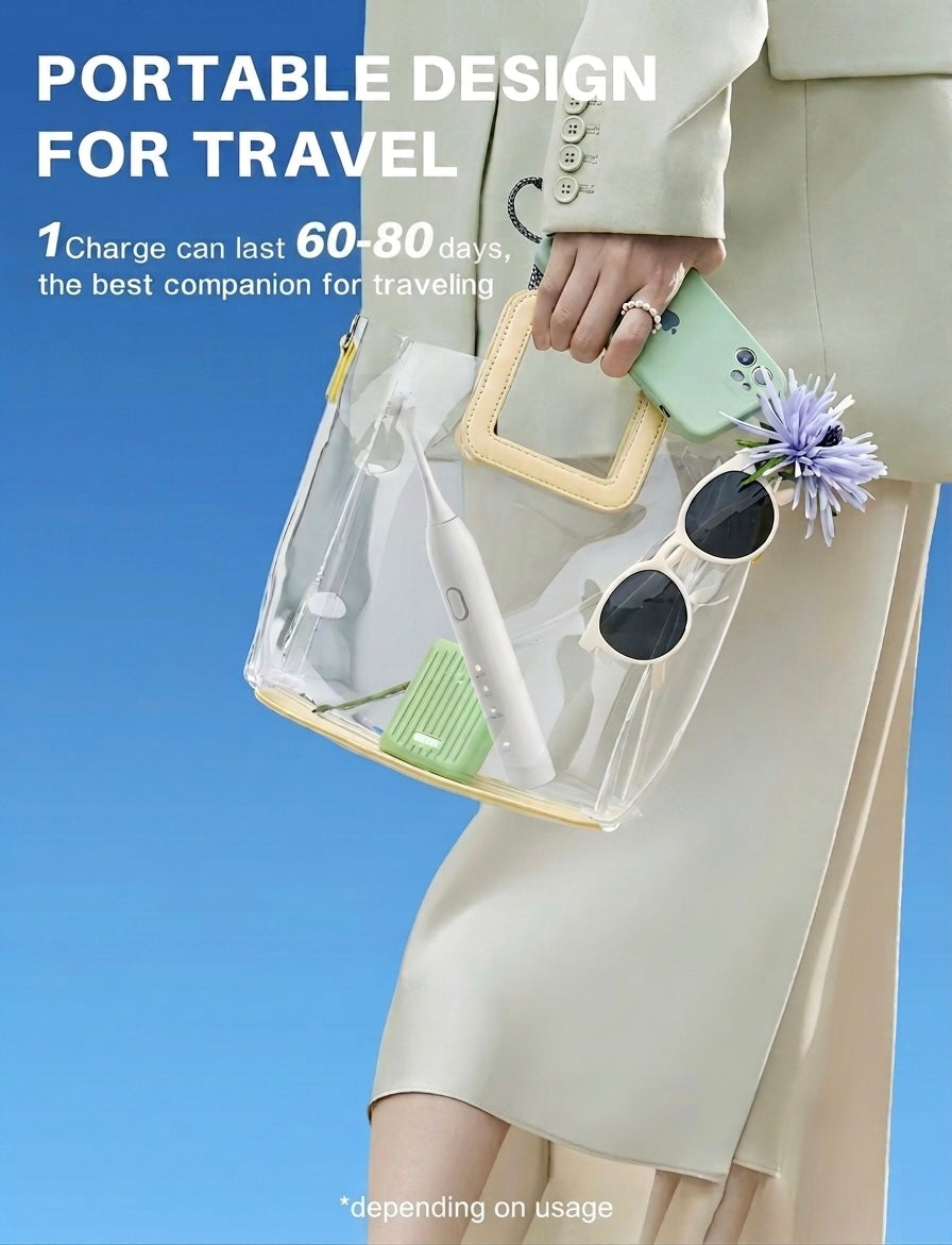 Orelle Electric Flosser packed in a travel bag, portable design for travel, one charge lasts 60 to 80 days