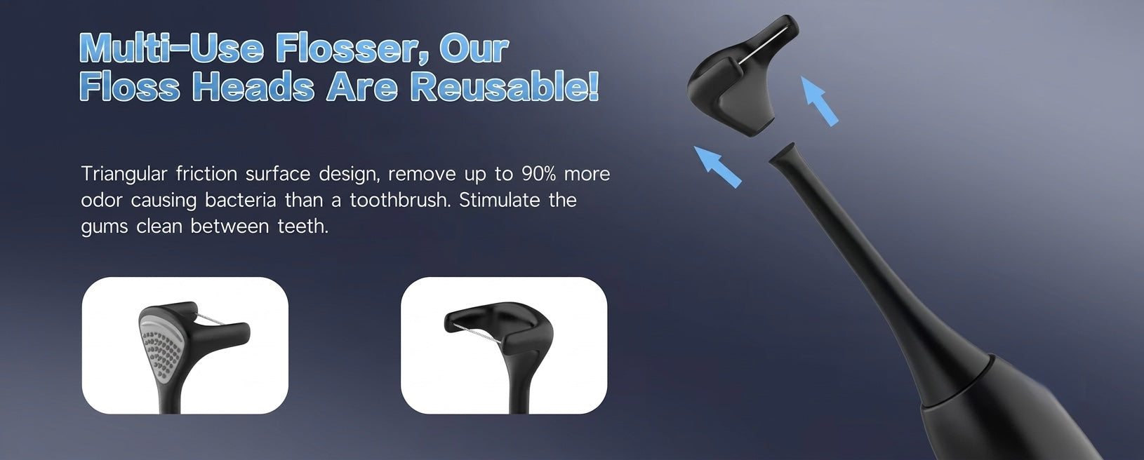 Orelle reusable floss heads with triangular friction surface design