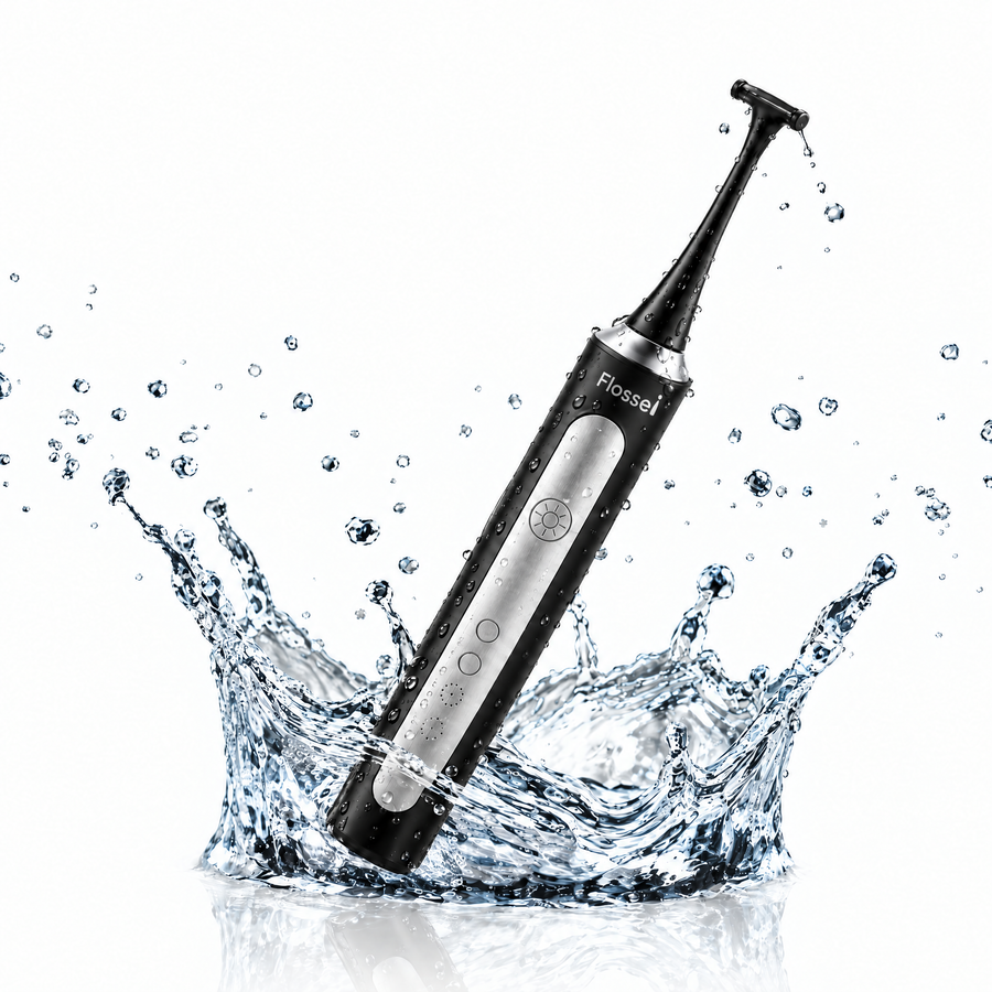Midnight Black Flossei electric flosser splashing into clear water, showing its IPX7 waterproof rating
