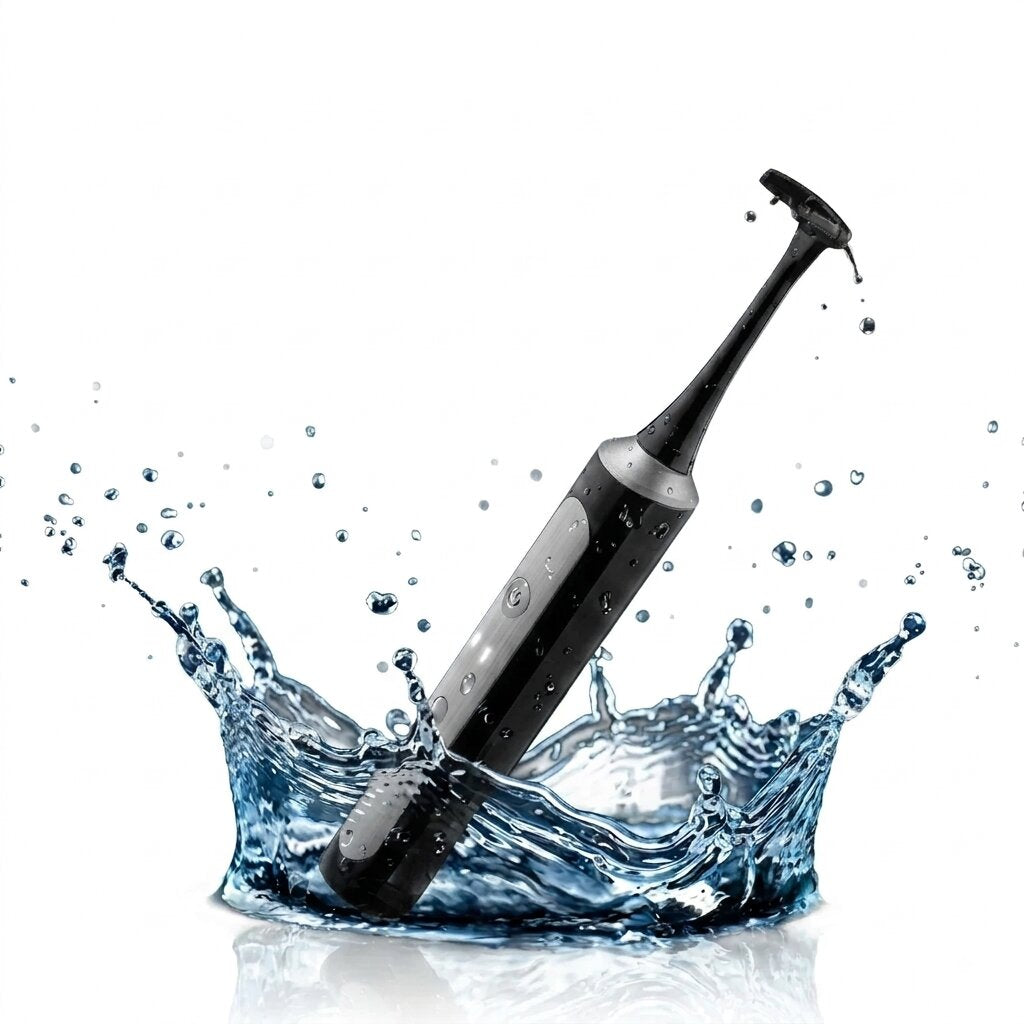 Black Flossei electric flosser splashing into water, demonstrating its IPX7 waterproof rating