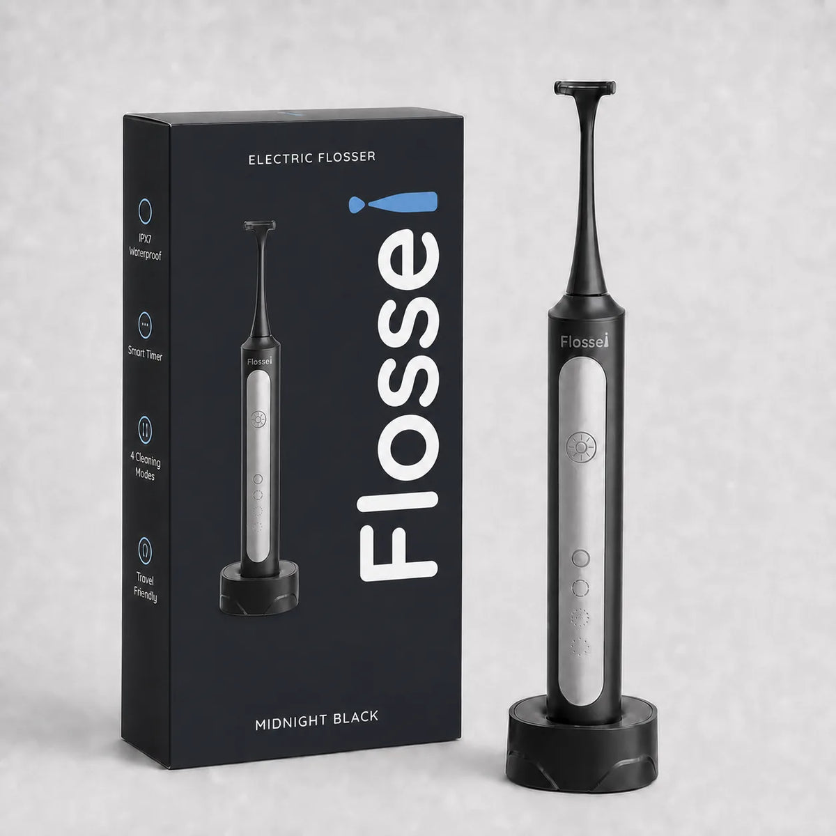 Flossei Electric Flosser in Midnight Black beside its retail box