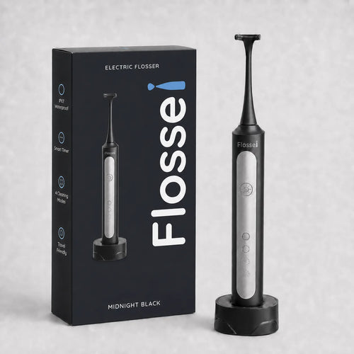 Flossei Electric Flosser in Midnight Black beside its retail box
