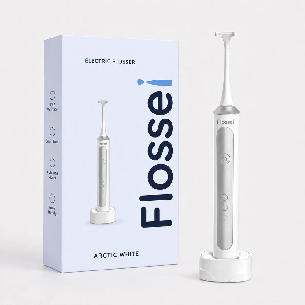 Flossei Electric Flosser in Arctic White beside its retail box