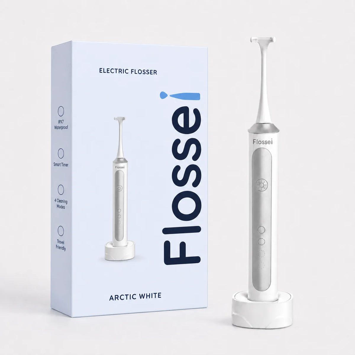 Flossei Electric Flosser in Arctic White beside its retail box