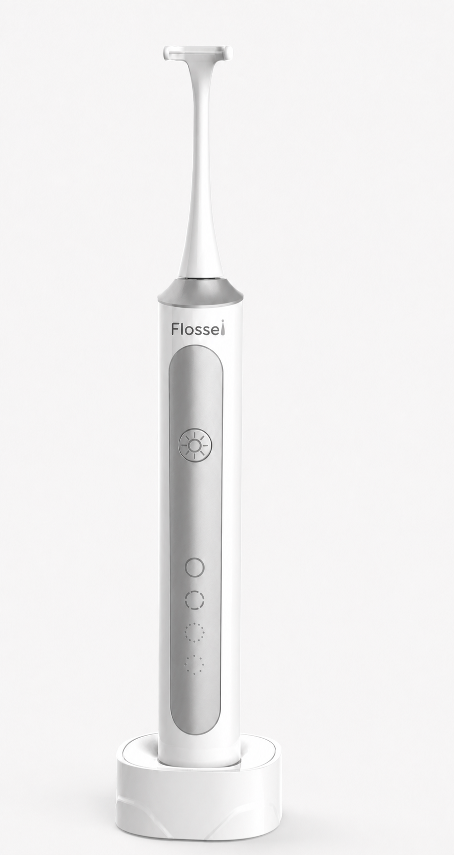 Flossei electric flosser in Arctic White on its charging dock