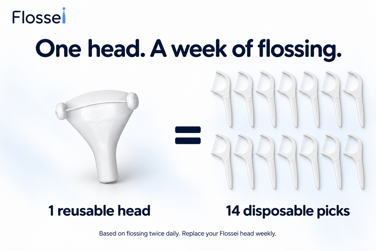 One reusable Flossei head compared with fourteen daily disposable floss picks