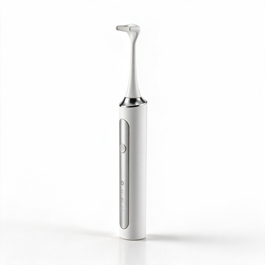 Flossei Electric Flosser in Arctic White, standing upright on a white studio background