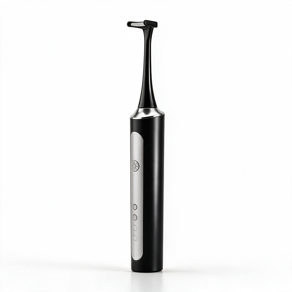 Flossei Electric Flosser in Midnight Black, standing upright on a white studio background