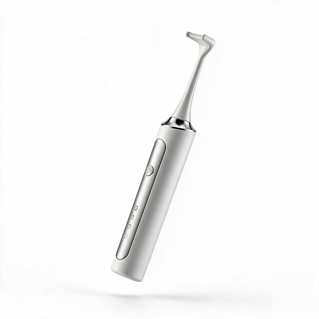 One Flossei electric flosser in Arctic White, suspended against a white background