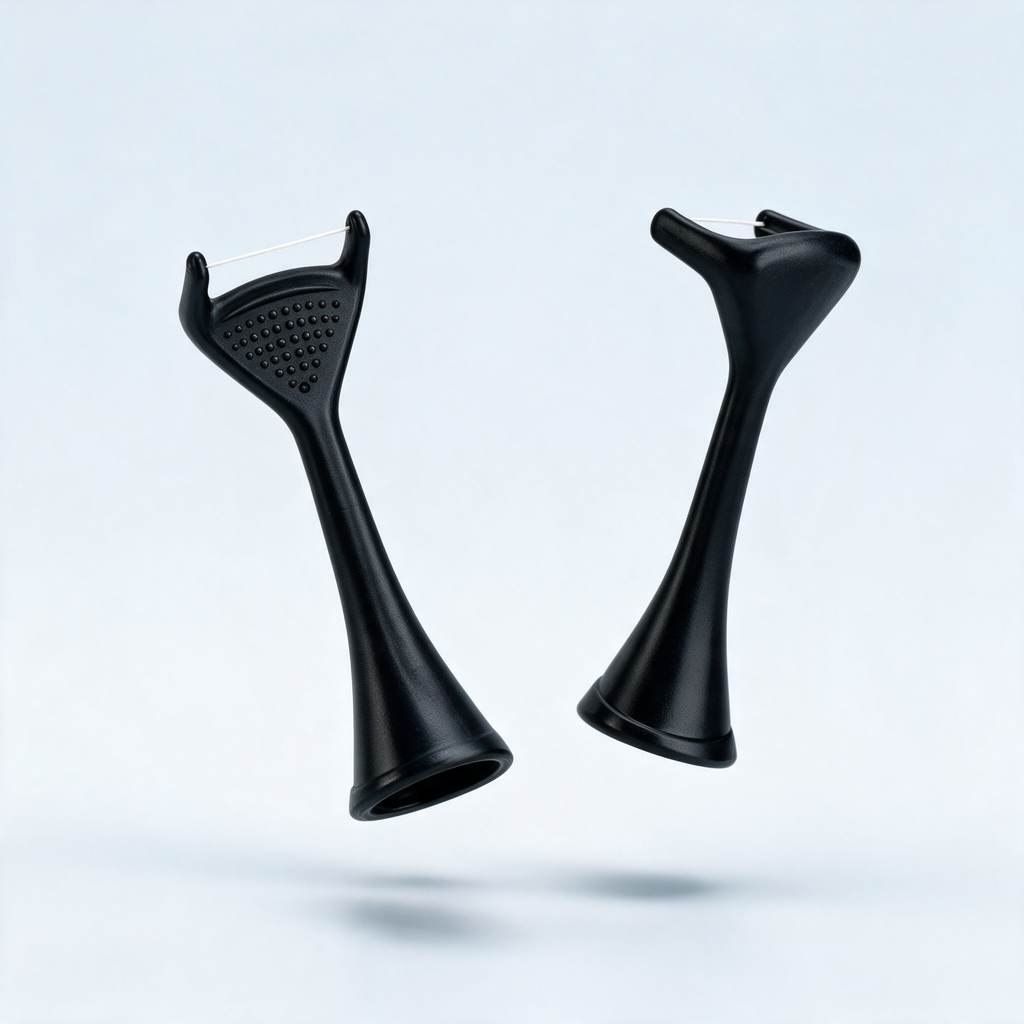 Flossei reusable floss heads in Midnight Black, two heads floating at angles, one showing the tongue-scraper dot texture