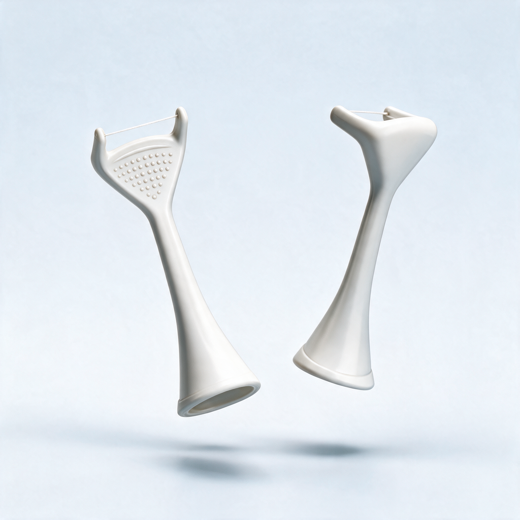 Flossei reusable floss heads in Arctic White, two heads floating at angles, one showing the tongue-scraper dot texture