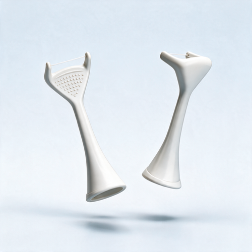 Flossei reusable floss heads in Arctic White, two heads floating at angles, one showing the tongue-scraper dot texture