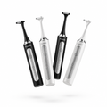 Four Flossei electric flosser handles, two Midnight Black and two Arctic White, tumbling in mid air with no charging dock, monochrome logo