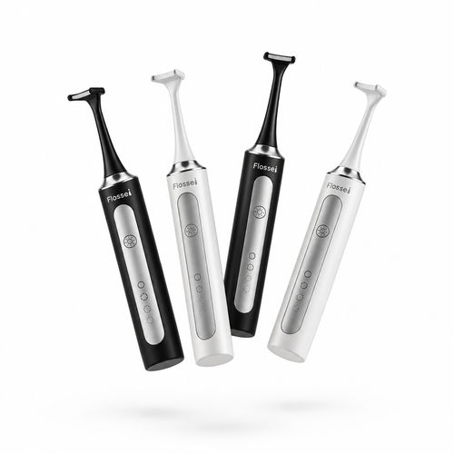 Four Flossei electric flosser handles, two Midnight Black and two Arctic White, tumbling in mid air with no charging dock, monochrome logo