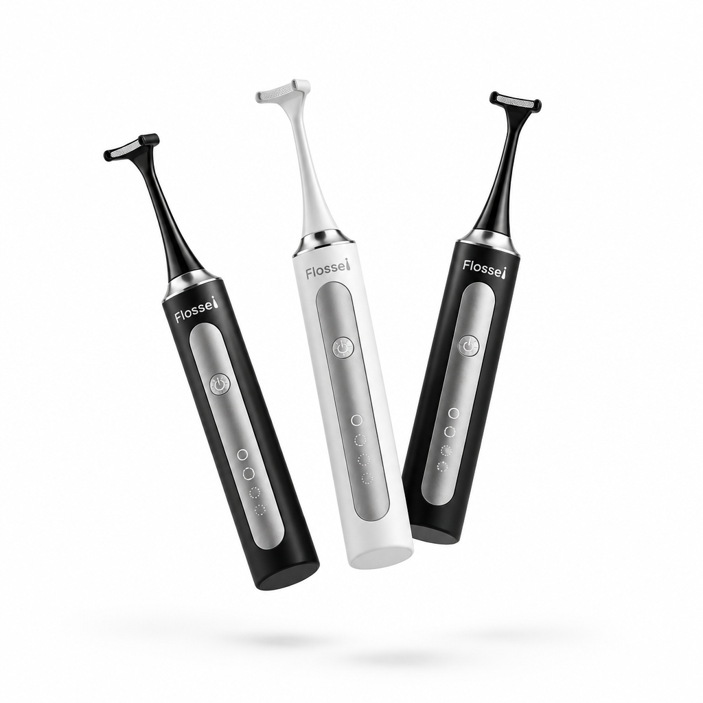Three Flossei electric flosser handles, two Midnight Black and one Arctic White, tumbling in mid air with no charging dock, monochrome logo