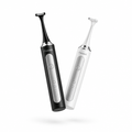 Two Flossei electric flosser handles, one Midnight Black and one Arctic White, tumbling in mid air with no charging dock, monochrome logo