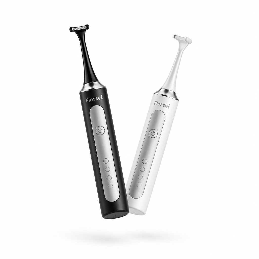 Two Flossei electric flosser handles, one Midnight Black and one Arctic White, tumbling in mid air with no charging dock, monochrome logo