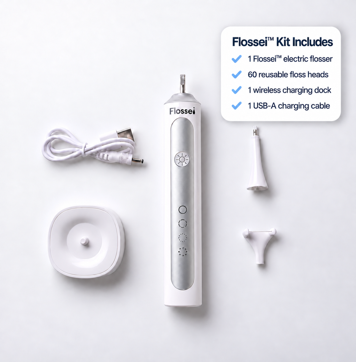 Flossei Electric Flosser kit in Arctic White, flat lay of flosser, charging dock, USB-A cable, floss head and tongue scraper attachment with a list of what is included
