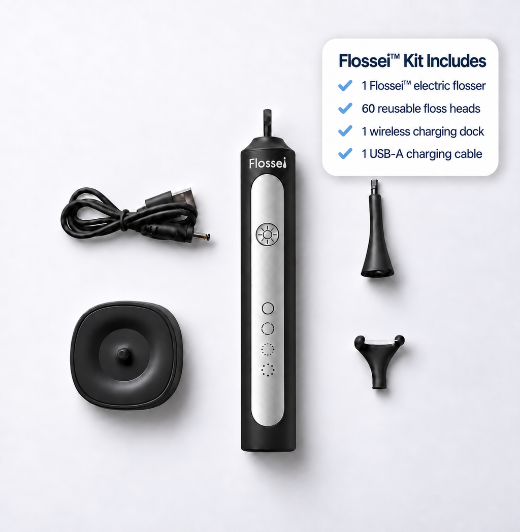 Flossei Electric Flosser kit in Midnight Black, flat lay of flosser, charging dock, USB-A cable, floss head and tongue scraper attachment with a list of what is included