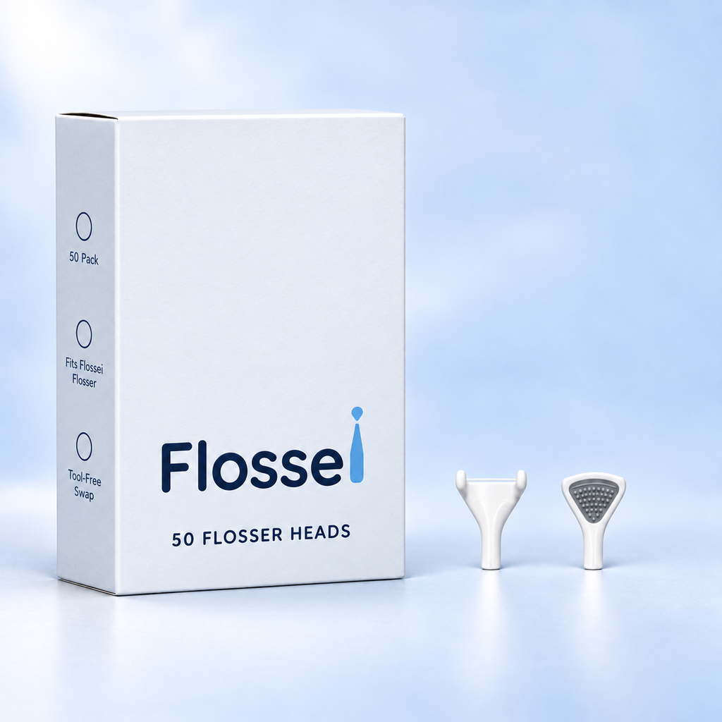 Box of 50 Flossei reusable floss heads in Arctic White with two floss heads shown beside it